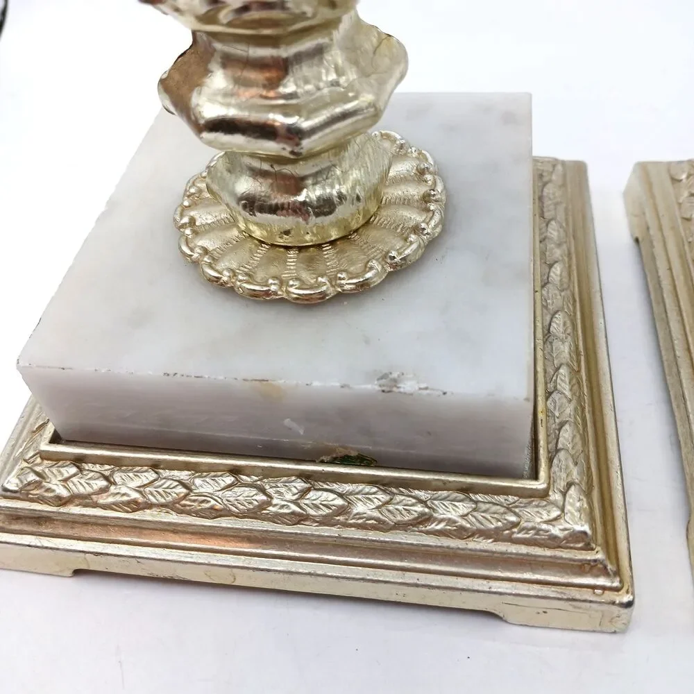 MCM Candle Holders Italian Marble Base Dilly Mfg Co. Gold Hollywood Regency 9